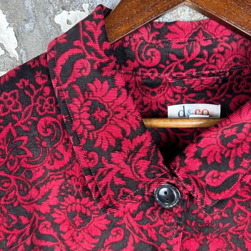Y2K Denim & Co Corduroy Jacket Red Black Damask Floral Chore Shacket Womens 2X - Picture 3 of 7